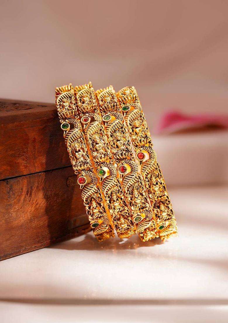 Set of 4 18K Gold-Plated Antique Lakshmi Temple Bangles for Women | Traditional Temple Jewellery for Wedding & Festive Wear | Gift for Her - Indya