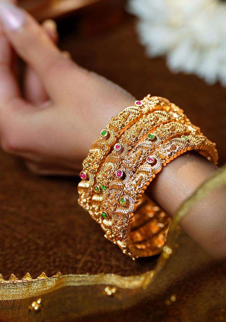 Set of 4 18K Gold-Plated Antique Lakshmi Temple Bangles for Women | Traditional Temple Jewellery for Wedding & Festive Wear | Gift for Her - Indya