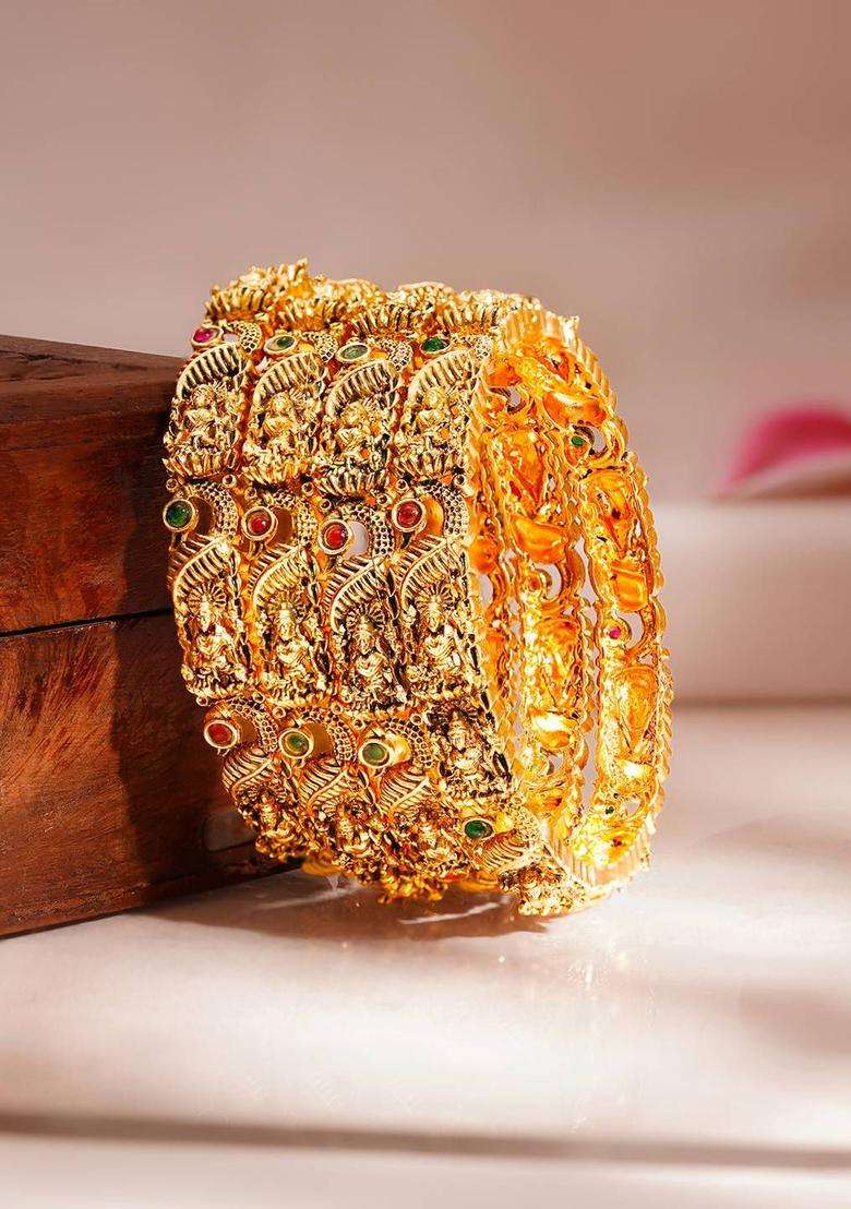 Set of 4 18K Gold-Plated Antique Lakshmi Temple Bangles for Women | Traditional Temple Jewellery for Wedding & Festive Wear | Gift for Her - Indya