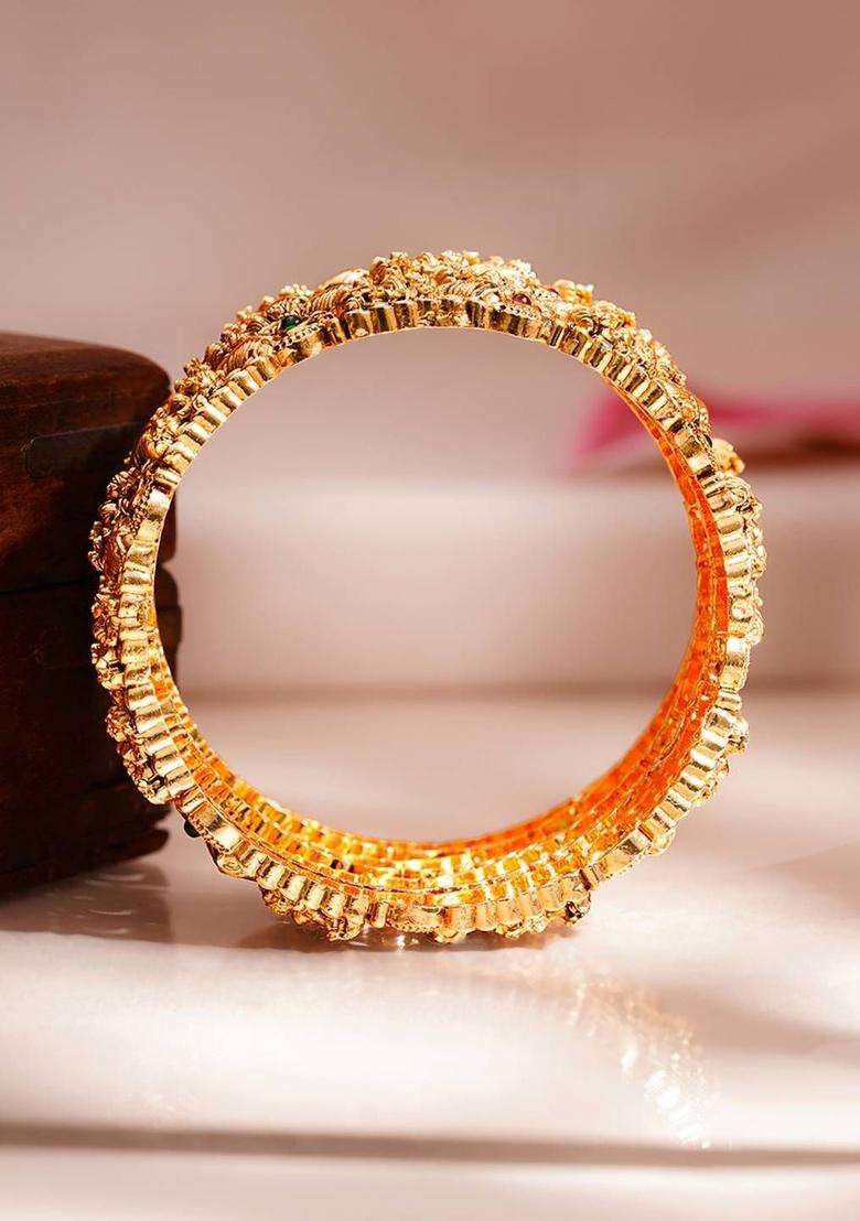 Set of 4 18K Gold-Plated Antique Lakshmi Temple Bangles for Women | Traditional Temple Jewellery for Wedding & Festive Wear | Gift for Her - Indya