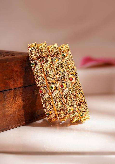 Set of 4 18K Gold-Plated Antique Lakshmi Temple Bangles for Women | Traditional Temple Jewellery for Wedding & Festive Wear | Gift for Her