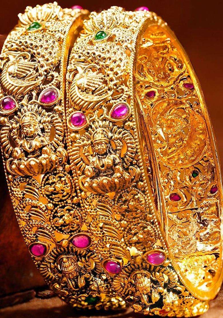 Set of 2 Gold-Plated Temple Embellished Bangles for Women | Traditional Temple Jewellery for Wedding & Festive Wear | Gift for Her - Indya