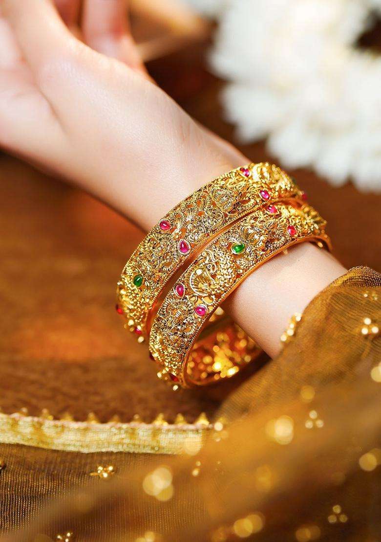 Set of 2 Gold-Plated Temple Embellished Bangles for Women | Traditional Temple Jewellery for Wedding & Festive Wear | Gift for Her - Indya