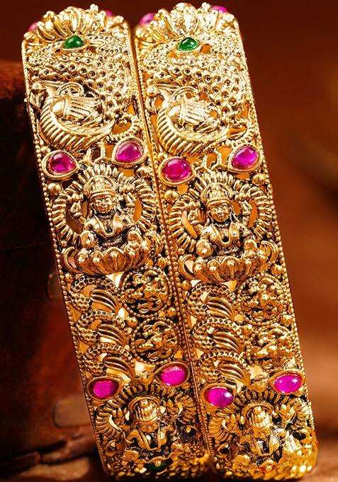 Set of 2 Gold-Plated Temple Embellished Bangles for Women | Traditional Temple Jewellery for Wedding & Festive Wear | Gift for Her
