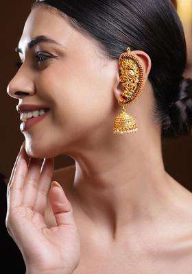 22K Gold-Plated Ruby & Emerald Temple Ear-Cuff Jhumka Earrings with Ghungroo Drops for Women | Traditional Temple Jewellery for Wedding & Festive Wear | Gift for Her