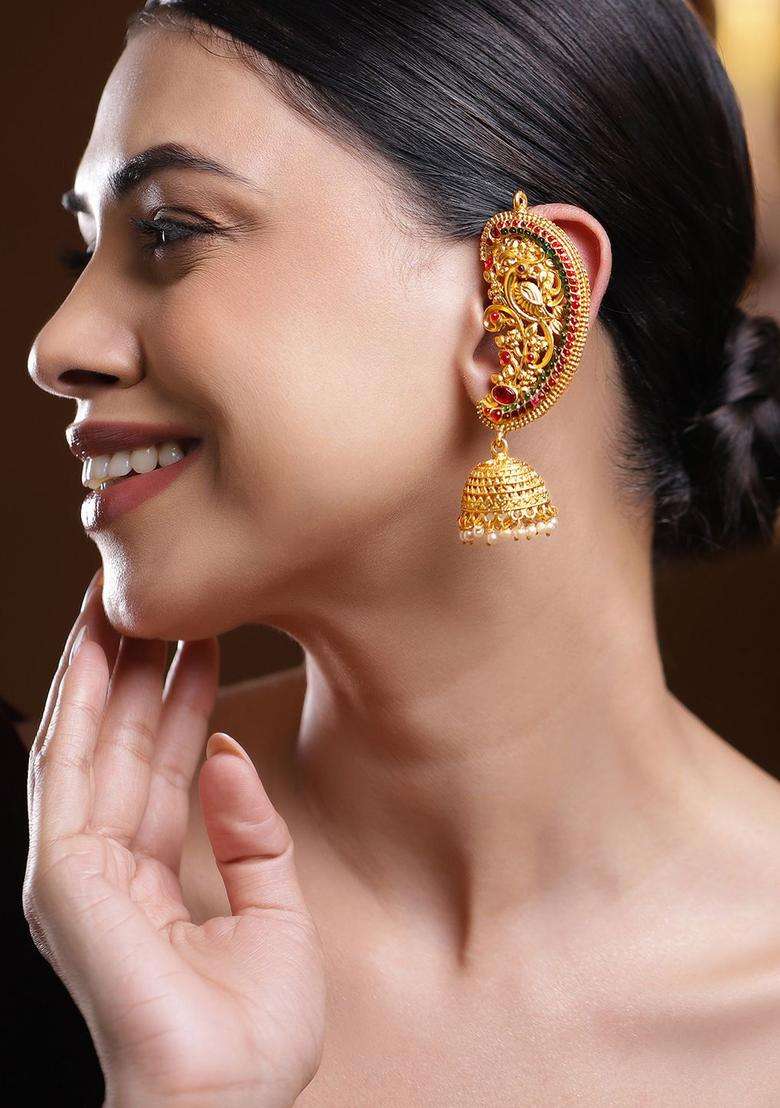 22K Gold-Plated Ruby & Emerald Temple Ear-Cuff Jhumka Earrings with Ghungroo Drops for Women | Traditional Temple Jewellery for Wedding & Festive Wear | Gift for Her - Indya