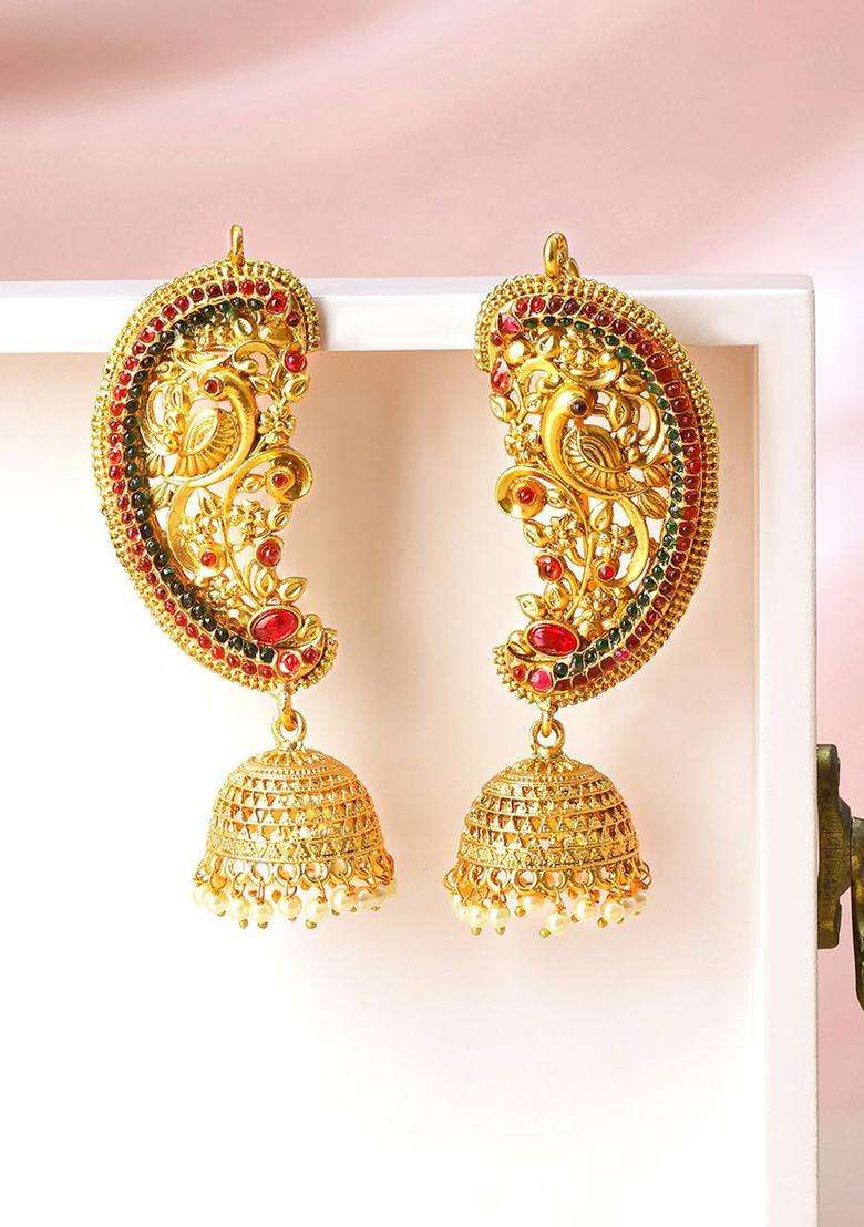 22K Gold-Plated Ruby & Emerald Temple Ear-Cuff Jhumka Earrings with Ghungroo Drops for Women | Traditional Temple Jewellery for Wedding & Festive Wear | Gift for Her - Indya