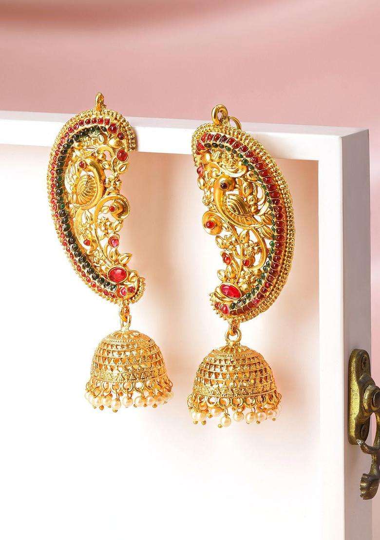 22K Gold-Plated Ruby & Emerald Temple Ear-Cuff Jhumka Earrings with Ghungroo Drops for Women | Traditional Temple Jewellery for Wedding & Festive Wear | Gift for Her - Indya