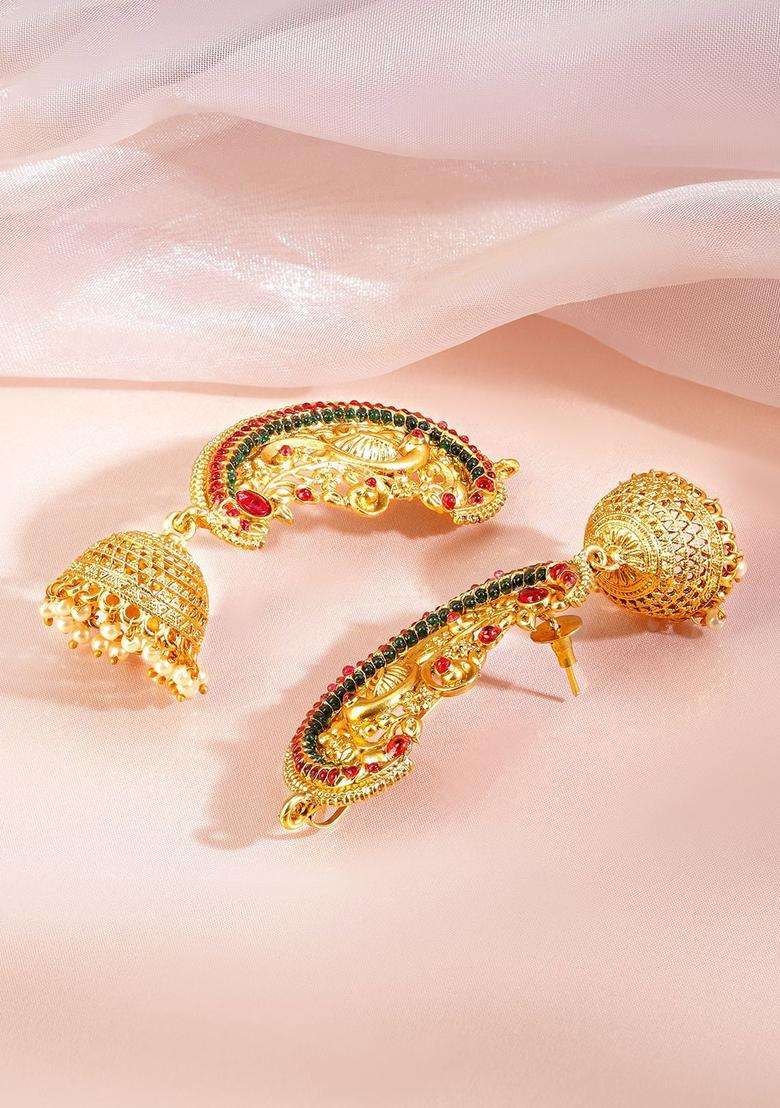 22K Gold-Plated Ruby & Emerald Temple Ear-Cuff Jhumka Earrings with Ghungroo Drops for Women | Traditional Temple Jewellery for Wedding & Festive Wear | Gift for Her - Indya