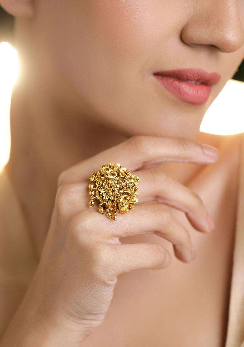 18K Gold-Plated Goddess Lakshmi Adjustable Finger Ring for Women | Traditional Temple Jewellery for Wedding & Festive Wear | Gift for Her - Indya