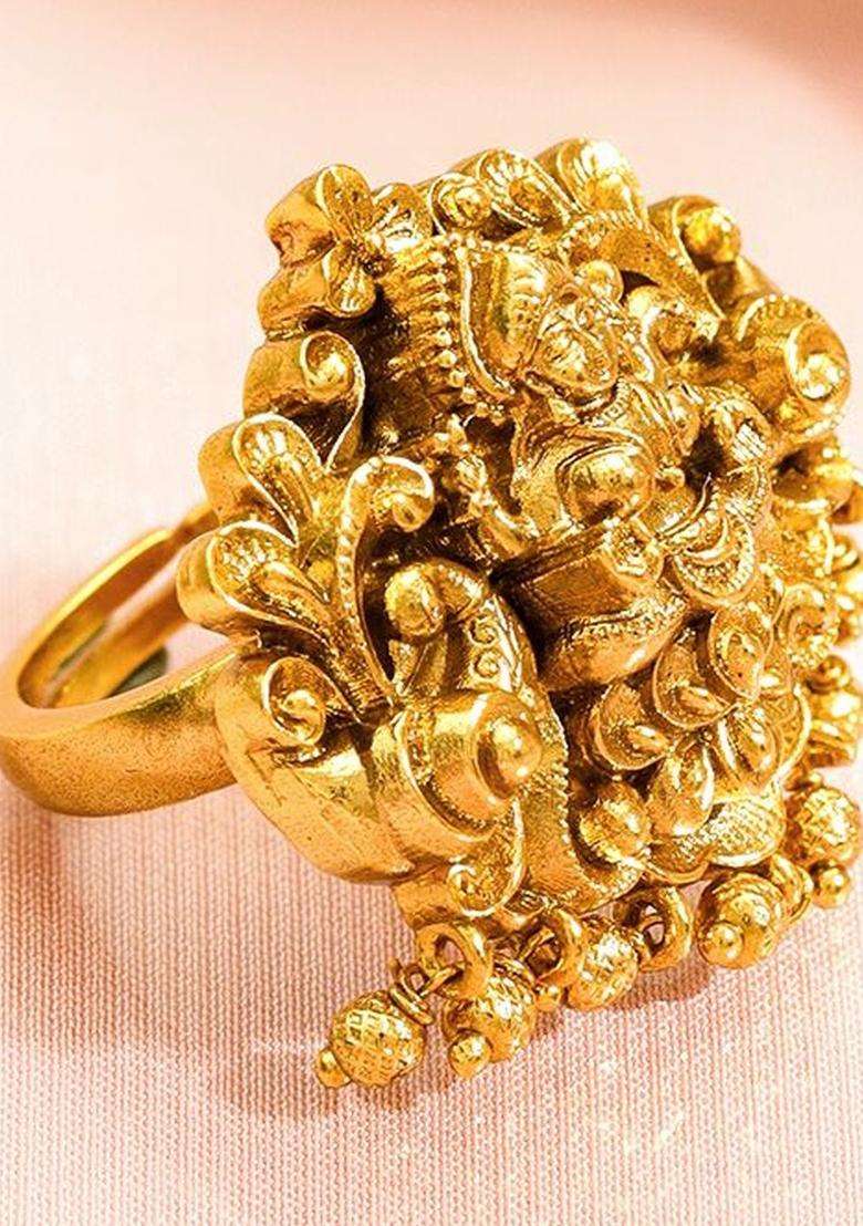 18K Gold-Plated Goddess Lakshmi Adjustable Finger Ring for Women | Traditional Temple Jewellery for Wedding & Festive Wear | Gift for Her - Indya