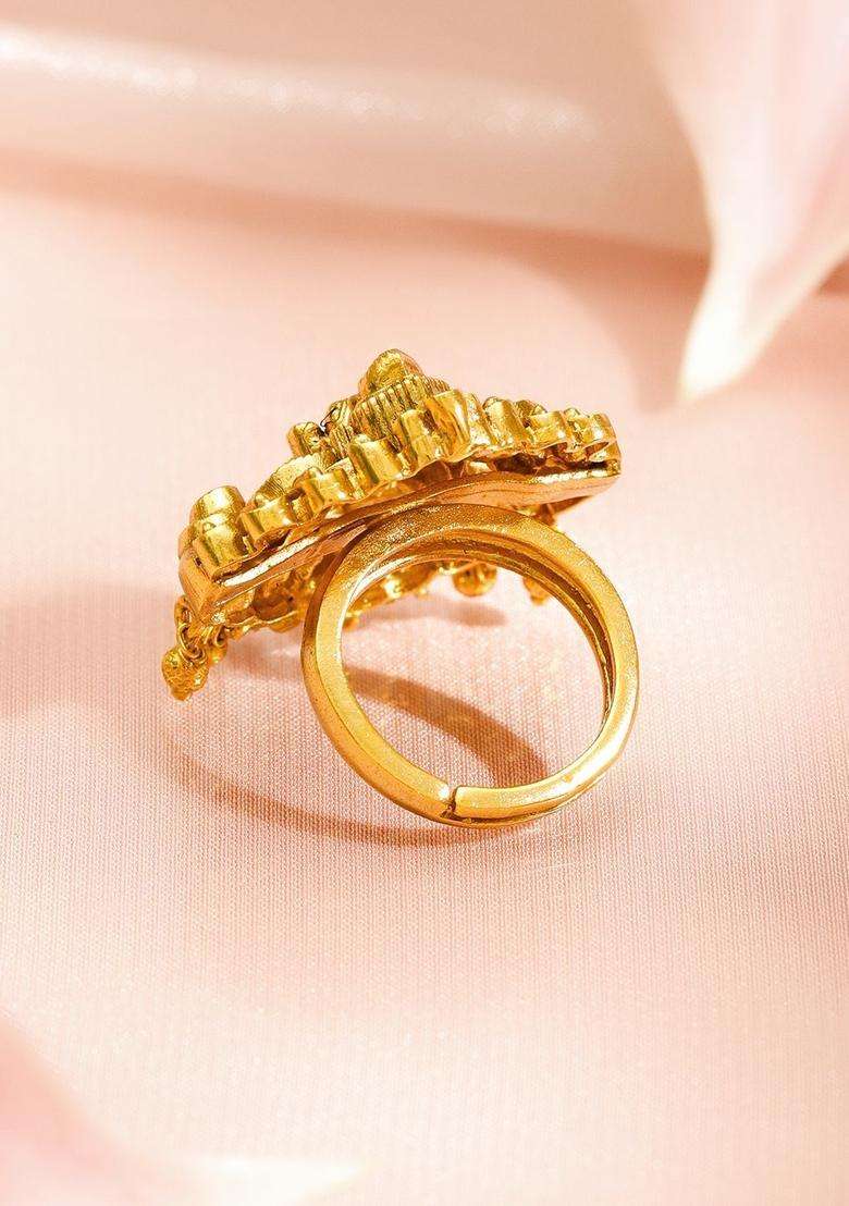 18K Gold-Plated Goddess Lakshmi Adjustable Finger Ring for Women | Traditional Temple Jewellery for Wedding & Festive Wear | Gift for Her - Indya
