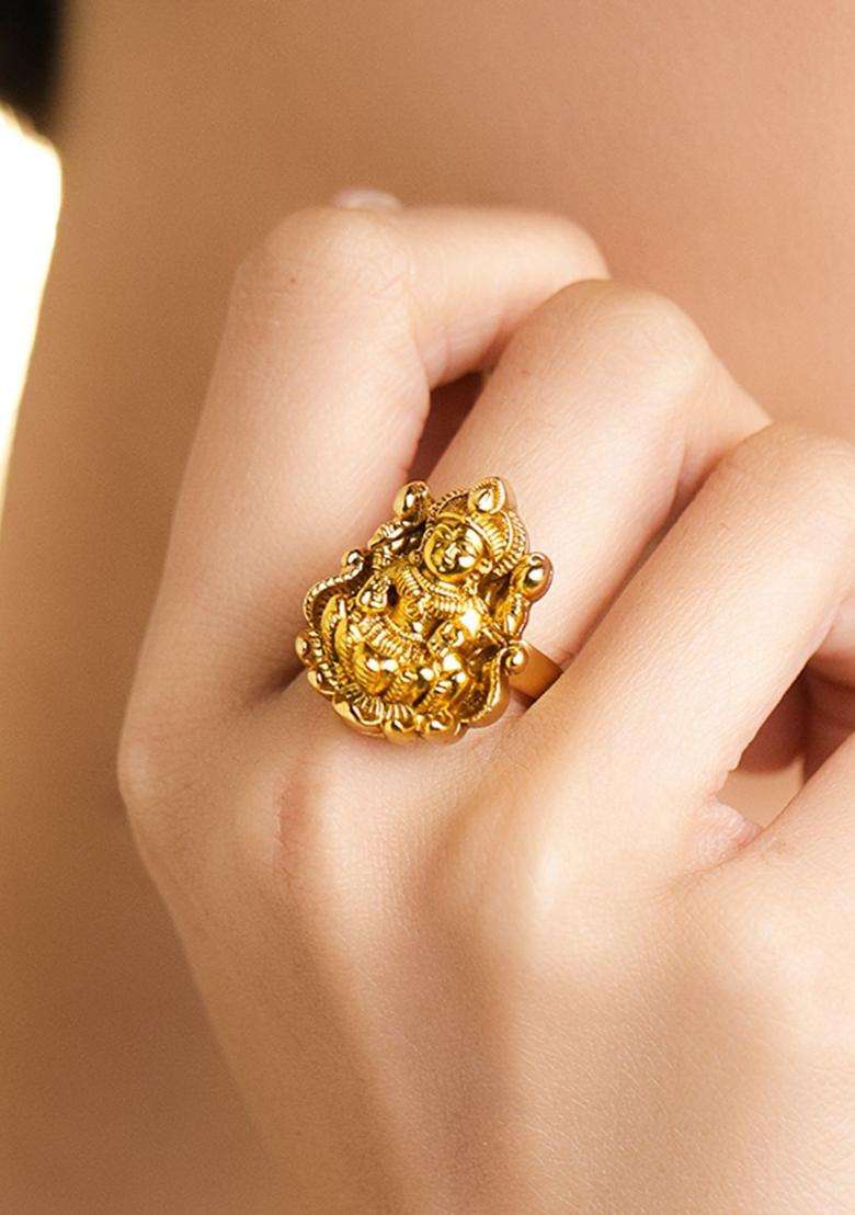 18K Gold-Plated Goddess Lakshmi Temple Design Adjustable Finger Ring for Women | Traditional Temple Jewellery for Wedding & Festive Wear | Gift for Her - Indya