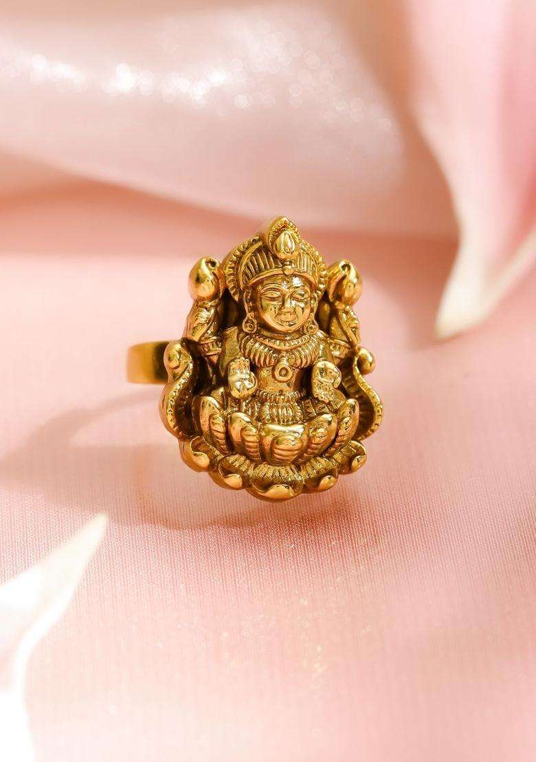 18K Gold-Plated Goddess Lakshmi Temple Design Adjustable Finger Ring for Women | Traditional Temple Jewellery for Wedding & Festive Wear | Gift for Her - Indya