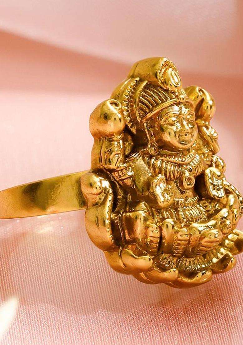 18K Gold-Plated Goddess Lakshmi Temple Design Adjustable Finger Ring for Women | Traditional Temple Jewellery for Wedding & Festive Wear | Gift for Her - Indya