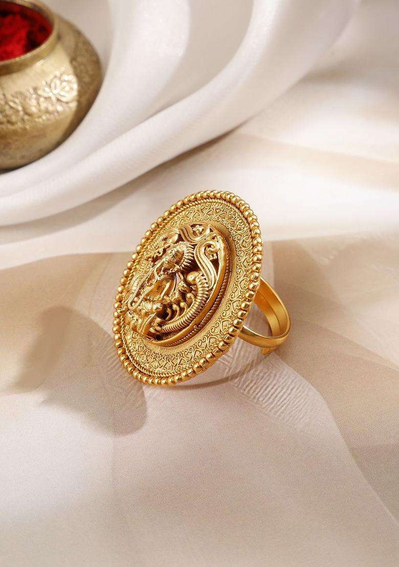 22K Gold-Plated Oversized Lakshmi Motif Temple Statement Adjustable Finger Ring for Women | Traditional Temple Jewellery for Wedding & Festive Wear | Gift for Her - Indya