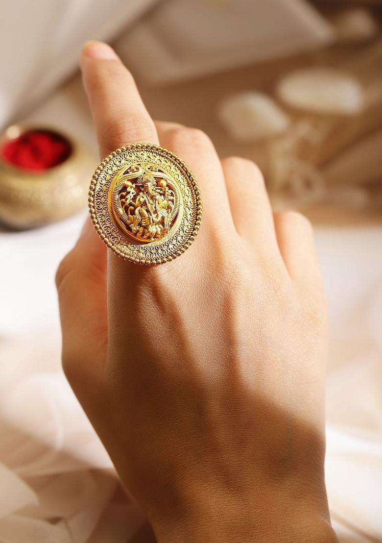 22K Gold-Plated Oversized Lakshmi Motif Temple Statement Adjustable Finger Ring for Women | Traditional Temple Jewellery for Wedding & Festive Wear | Gift for Her - Indya