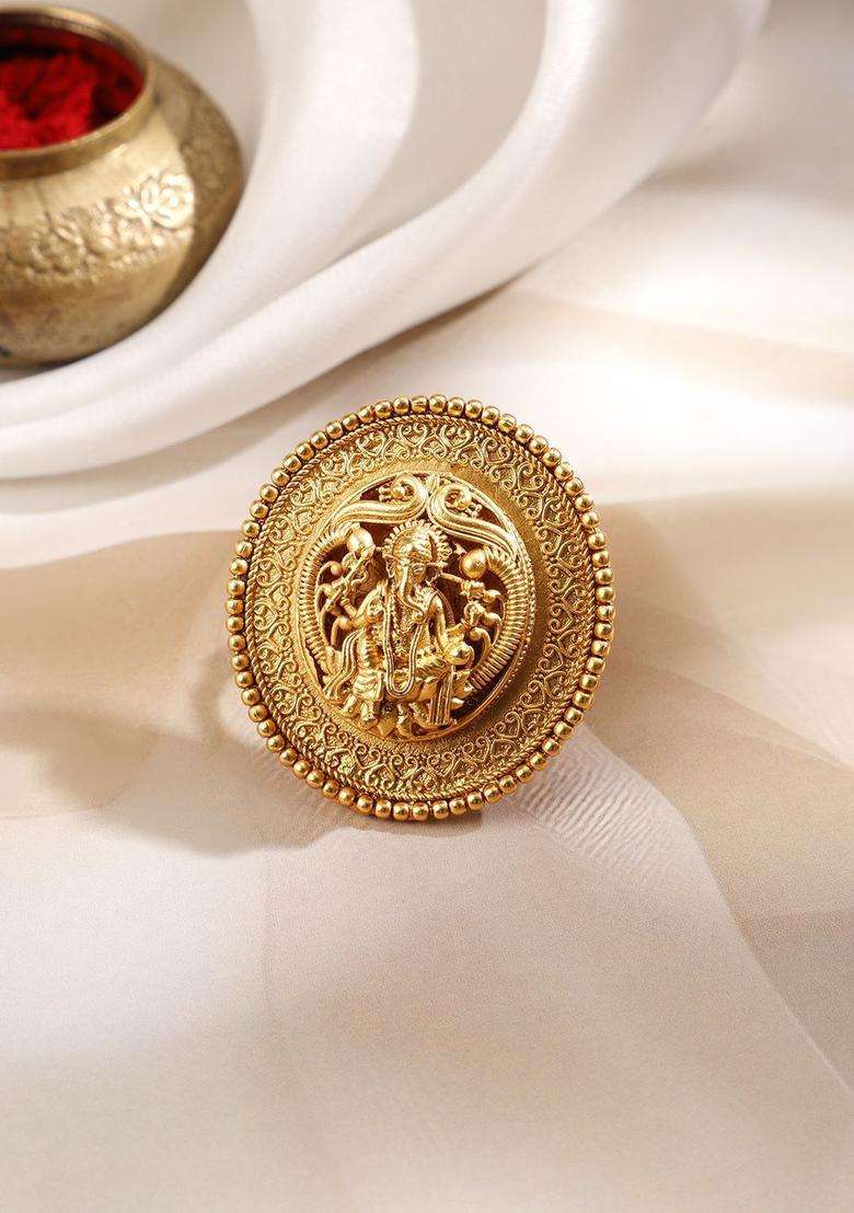 22K Gold-Plated Oversized Lakshmi Motif Temple Statement Adjustable Finger Ring for Women | Traditional Temple Jewellery for Wedding & Festive Wear | Gift for Her - Indya