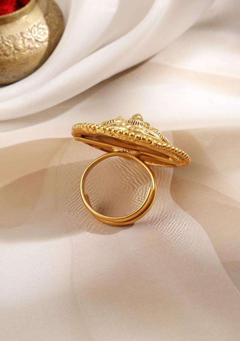 22K Gold-Plated Oversized Lakshmi Motif Temple Statement Adjustable Finger Ring for Women | Traditional Temple Jewellery for Wedding & Festive Wear | Gift for Her - Indya