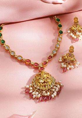 22K Gold-Plated Temple Jewellery Set with Ruby, Emerald, Cubic Zirconia & Pearls for Women | Traditional Temple Jewellery for Wedding & Festive Wear | Gift for Her