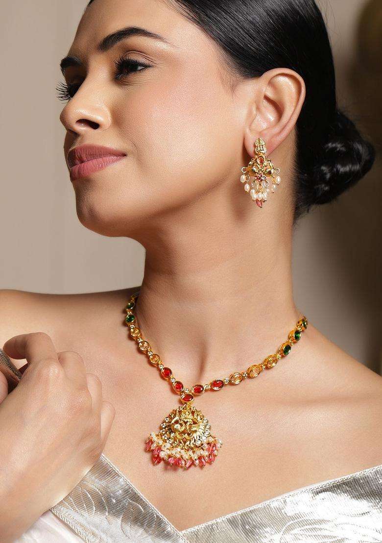 22K Gold-Plated Temple Jewellery Set with Ruby, Emerald, Cubic Zirconia & Pearls for Women | Traditional Temple Jewellery for Wedding & Festive Wear | Gift for Her - Indya