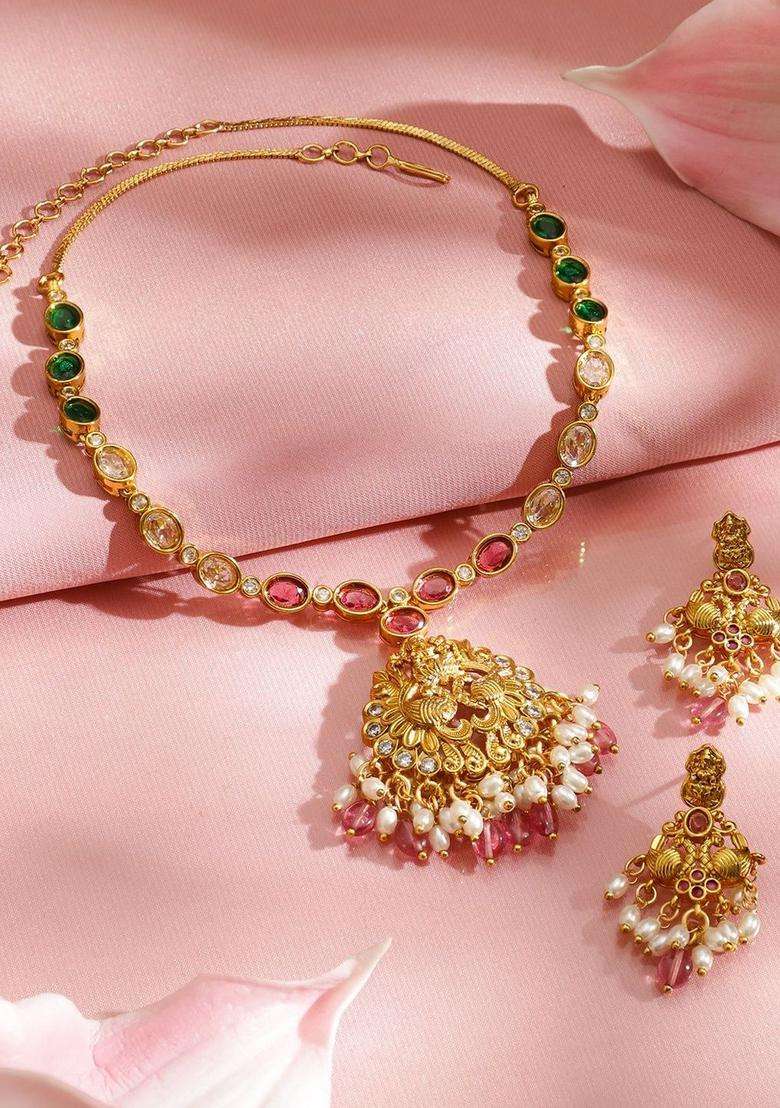 22K Gold-Plated Temple Jewellery Set with Ruby, Emerald, Cubic Zirconia & Pearls for Women | Traditional Temple Jewellery for Wedding & Festive Wear | Gift for Her - Indya