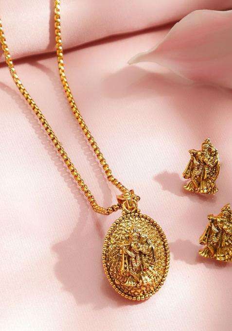18K Gold-Plated Radha Krishna Motif Temple Jewellery Set for Women | Traditional Temple Jewellery for Wedding & Festive Wear | Gift for Her