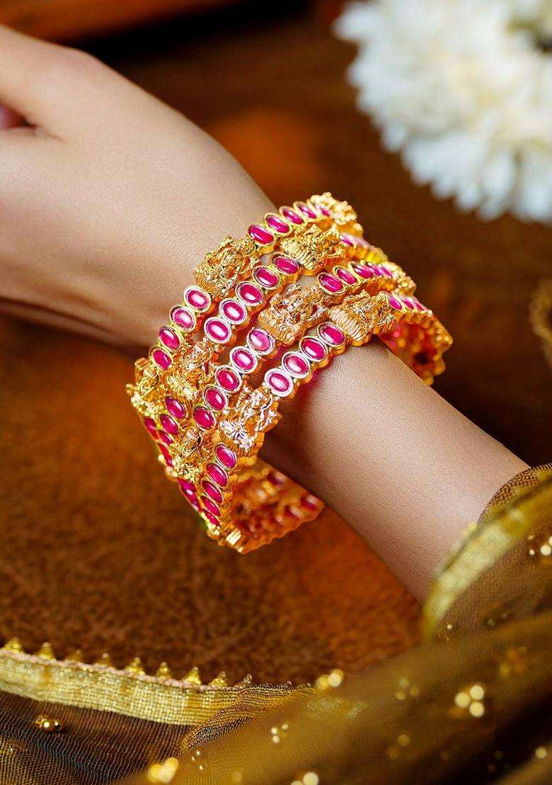 Set of 4 22K Gold-Plated Lakshmi Heritage Temple Bangles for Women | Traditional Temple Jewellery for Wedding & Festive Wear | Gift for Her - Indya
