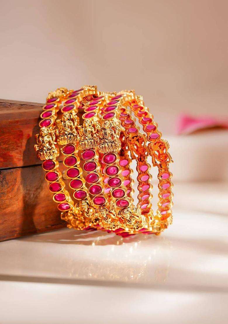 Set of 4 22K Gold-Plated Lakshmi Heritage Temple Bangles for Women | Traditional Temple Jewellery for Wedding & Festive Wear | Gift for Her - Indya