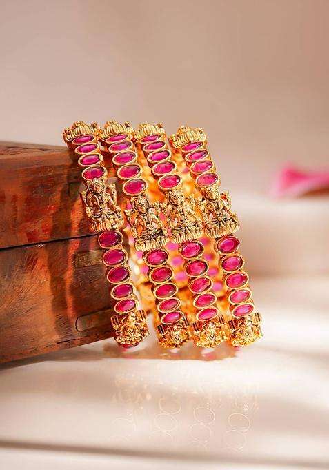 Set of 4 22K Gold-Plated Lakshmi Heritage Temple Bangles for Women | Traditional Temple Jewellery for Wedding & Festive Wear | Gift for Her