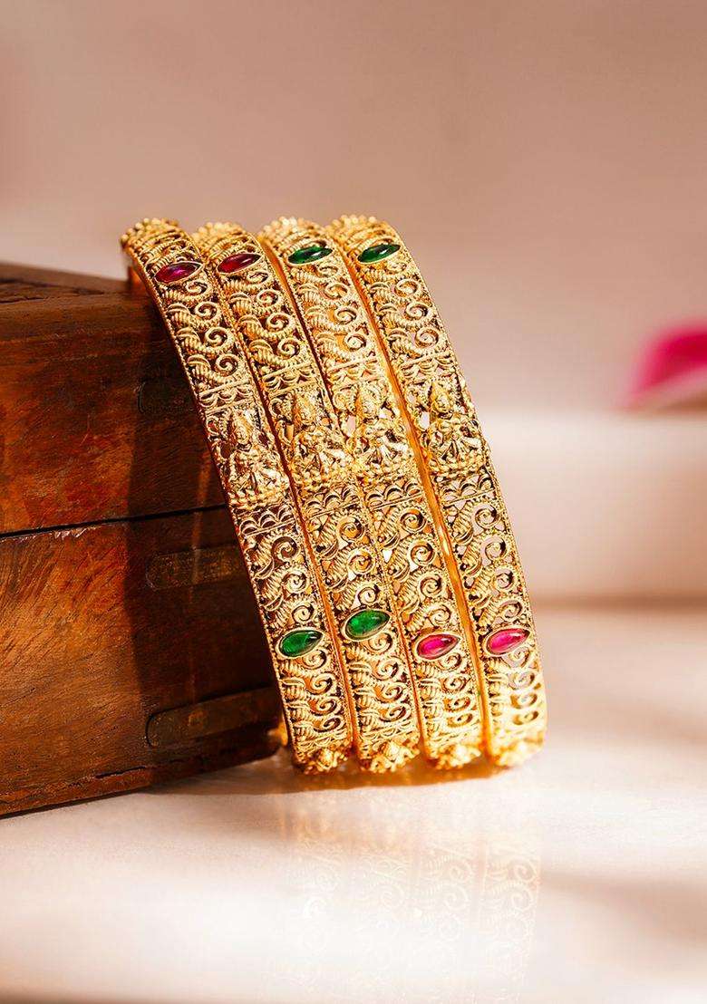 Set of 4 18K Gold-Plated Temple Motif Textured Bangles for Women | Traditional Temple Jewellery for Wedding & Festive Wear | Gift for Her - Indya
