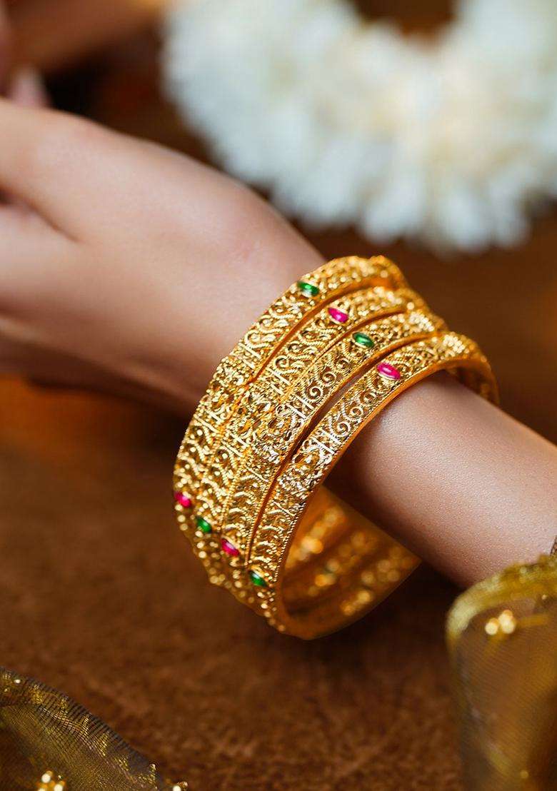 Set of 4 18K Gold-Plated Temple Motif Textured Bangles for Women | Traditional Temple Jewellery for Wedding & Festive Wear | Gift for Her - Indya