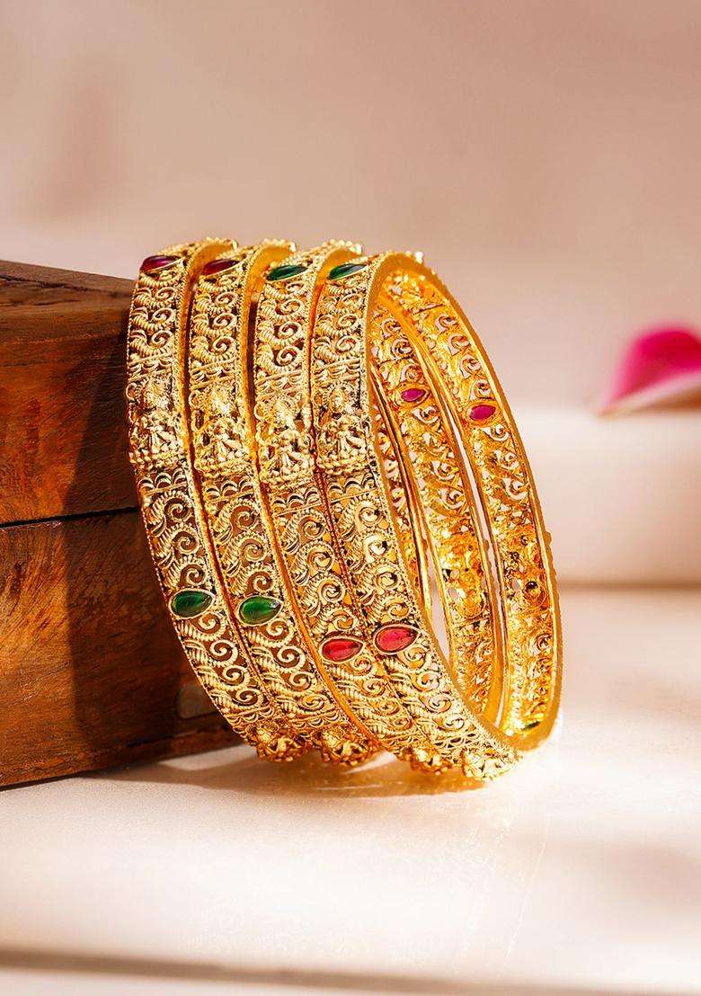 Set of 4 18K Gold-Plated Temple Motif Textured Bangles for Women | Traditional Temple Jewellery for Wedding & Festive Wear | Gift for Her - Indya