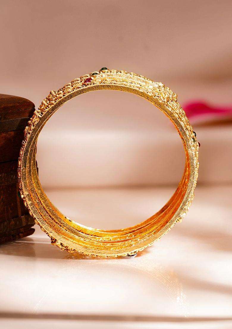 Set of 4 18K Gold-Plated Temple Motif Textured Bangles for Women | Traditional Temple Jewellery for Wedding & Festive Wear | Gift for Her - Indya