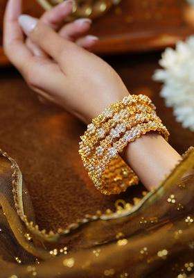 Set of 4 18K Gold-Plated Lakshmi Motif Pearl Temple Bangles for Women | Traditional Temple Jewellery for Wedding & Festive Wear | Gift for Her