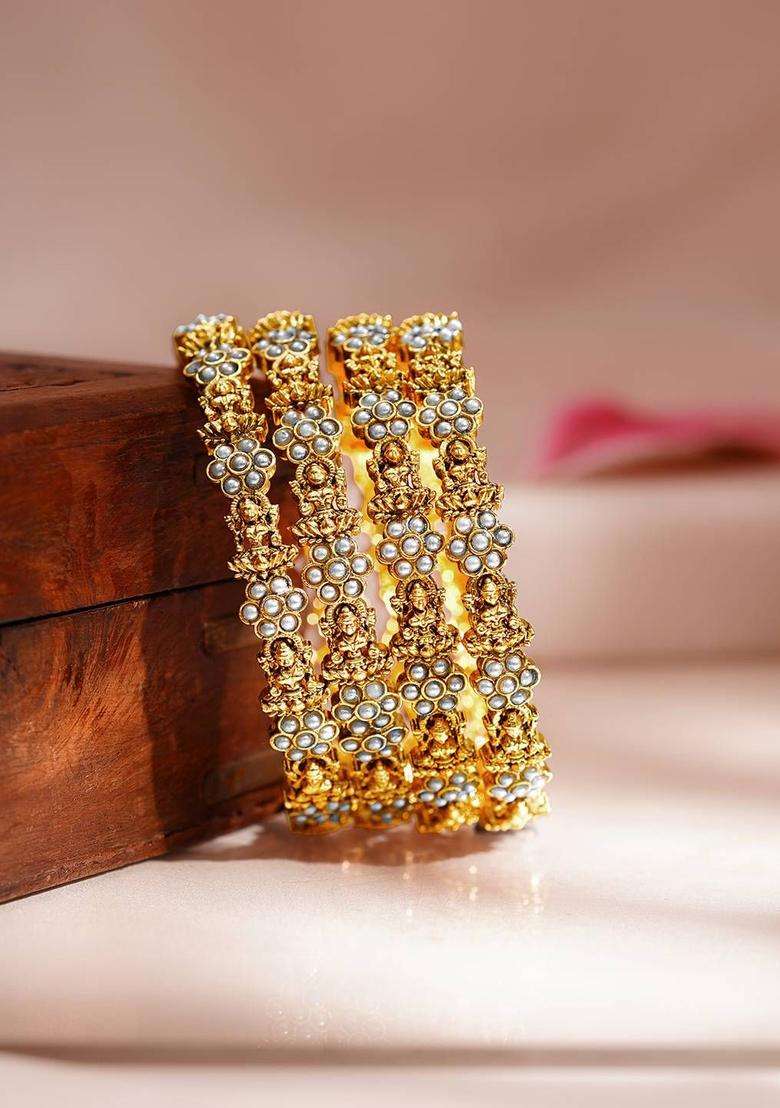 Set of 4 18K Gold-Plated Lakshmi Motif Pearl Temple Bangles for Women | Traditional Temple Jewellery for Wedding & Festive Wear | Gift for Her - Indya