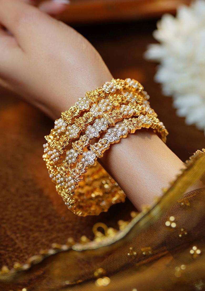 Set of 4 18K Gold-Plated Lakshmi Motif Pearl Temple Bangles for Women | Traditional Temple Jewellery for Wedding & Festive Wear | Gift for Her - Indya