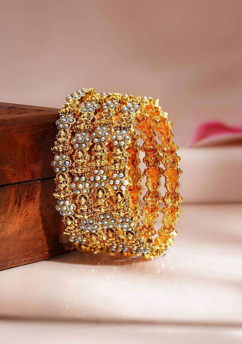 Set of 4 18K Gold-Plated Lakshmi Motif Pearl Temple Bangles for Women | Traditional Temple Jewellery for Wedding & Festive Wear | Gift for Her - Indya