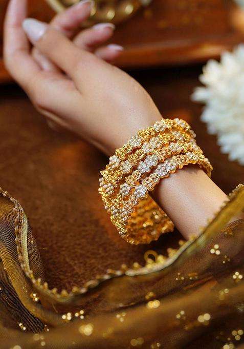 Set of 4 18K Gold-Plated Lakshmi Motif Pearl Temple Bangles for Women | Traditional Temple Jewellery for Wedding & Festive Wear | Gift for Her