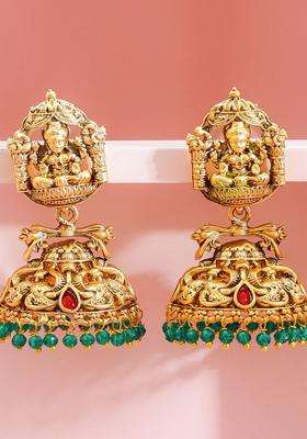 18k Gold-Plated Artificial Stones Studded & Beaded Temple Classic Jhumkas for Women | Traditional Temple Jewellery for Wedding & Festive Wear | Gift for Her