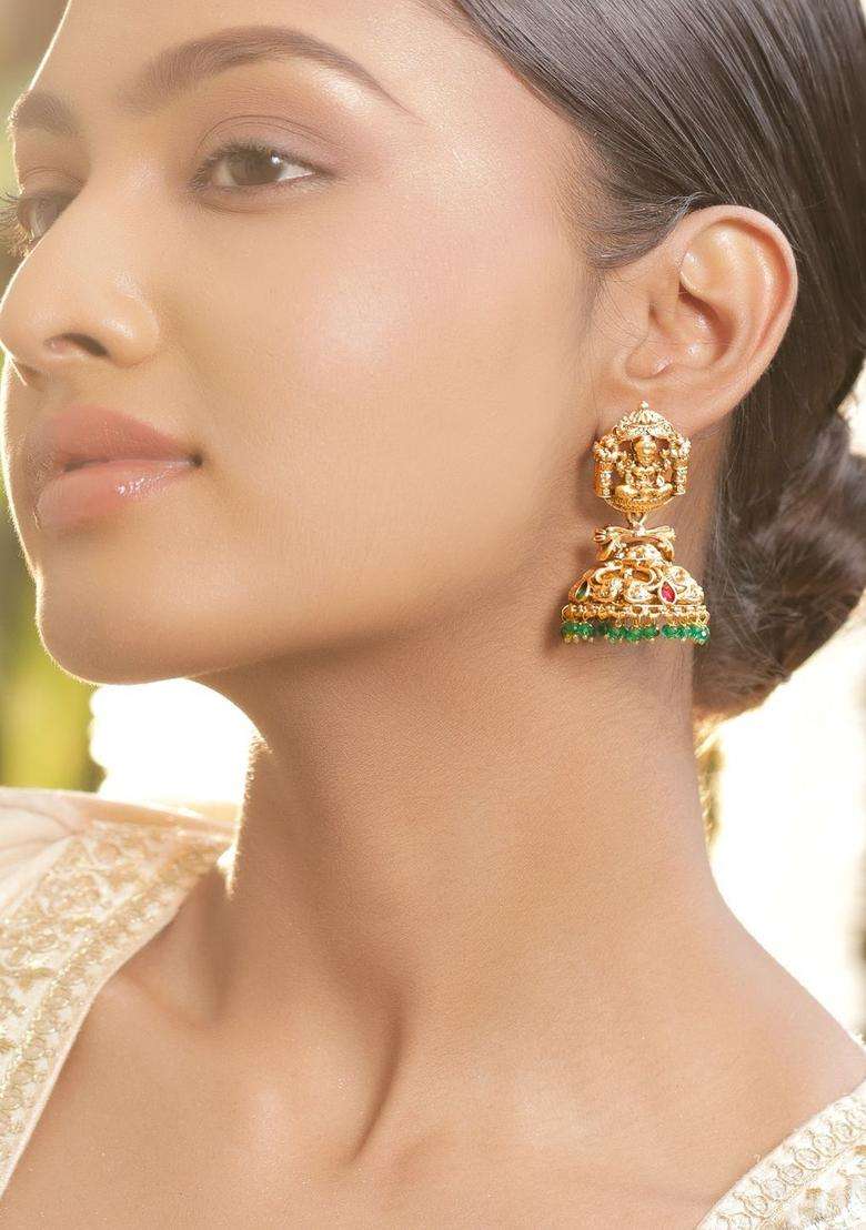 18k Gold-Plated Artificial Stones Studded & Beaded Temple Classic Jhumkas for Women | Traditional Temple Jewellery for Wedding & Festive Wear | Gift for Her - Indya