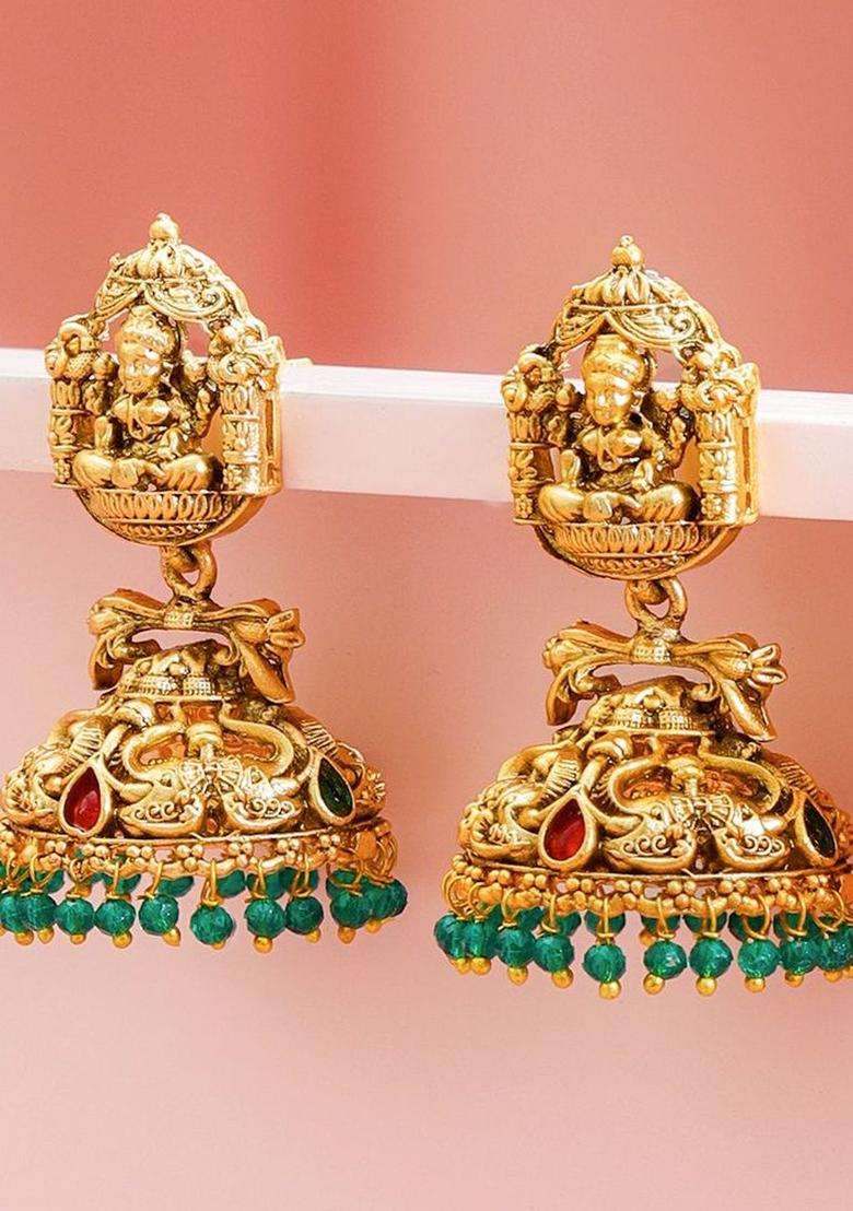 18k Gold-Plated Artificial Stones Studded & Beaded Temple Classic Jhumkas for Women | Traditional Temple Jewellery for Wedding & Festive Wear | Gift for Her - Indya