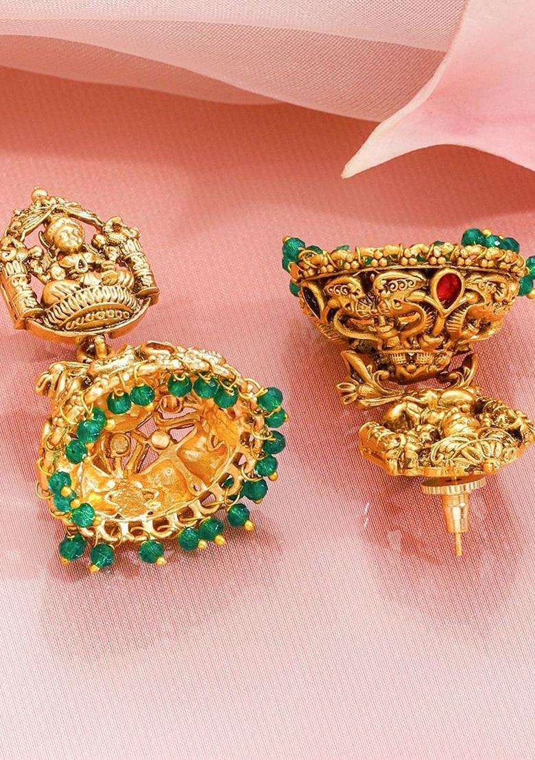 18k Gold-Plated Artificial Stones Studded & Beaded Temple Classic Jhumkas for Women | Traditional Temple Jewellery for Wedding & Festive Wear | Gift for Her - Indya