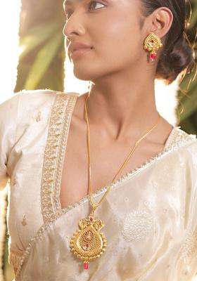 Brass 18K Gold-Plated Temple Drop Pendant Set for Women | Traditional Temple Jewellery for Wedding & Festive Wear | Gift for Her
