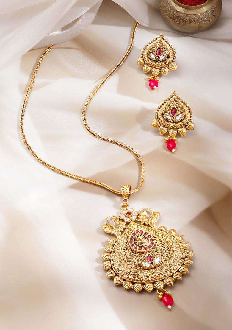 Brass 18K Gold-Plated Temple Drop Pendant Set for Women | Traditional Temple Jewellery for Wedding & Festive Wear | Gift for Her - Indya