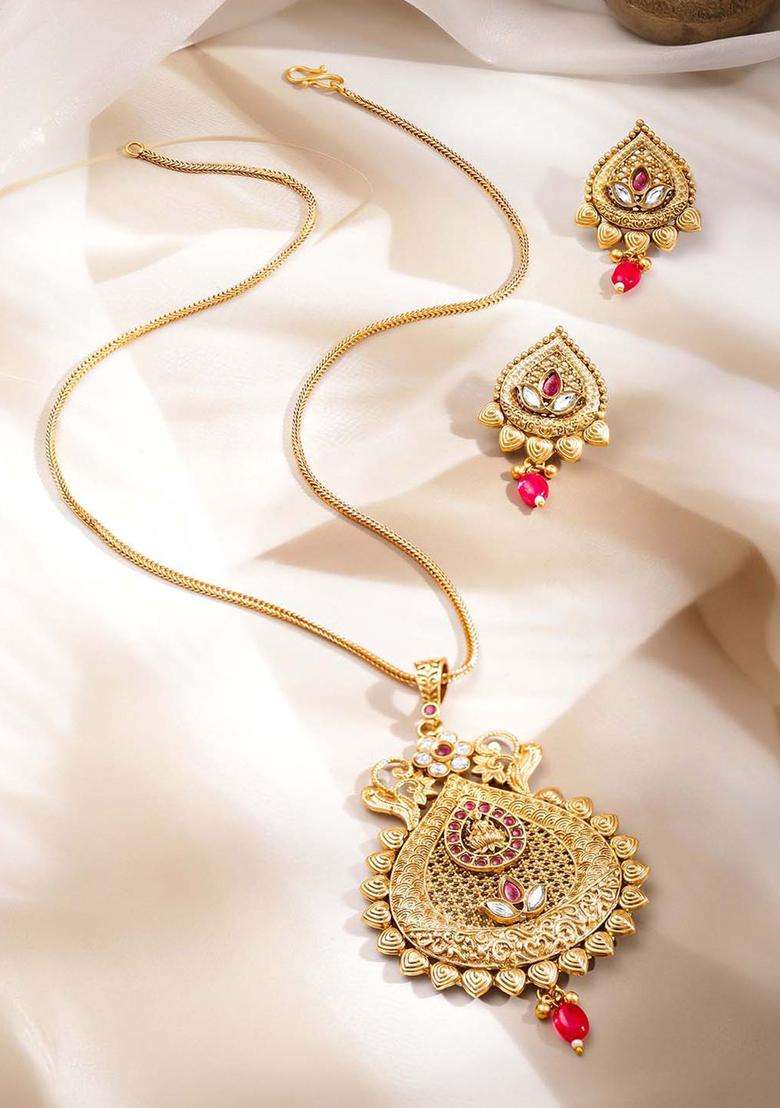 Brass 18K Gold-Plated Temple Drop Pendant Set for Women | Traditional Temple Jewellery for Wedding & Festive Wear | Gift for Her - Indya