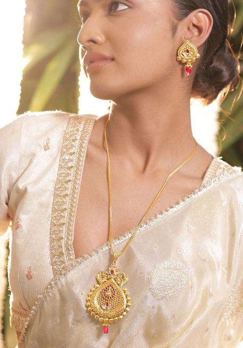 Brass 18K Gold-Plated Temple Drop Pendant Set for Women | Traditional Temple Jewellery for Wedding & Festive Wear | Gift for Her