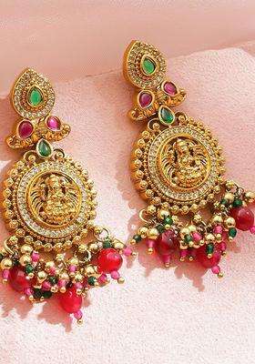 22K Gold-Plated CZ Studded Temple Circular Drop Earrings with Beaded Drops for Women | Traditional Temple Jewellery for Wedding & Festive Wear | Gift for Her