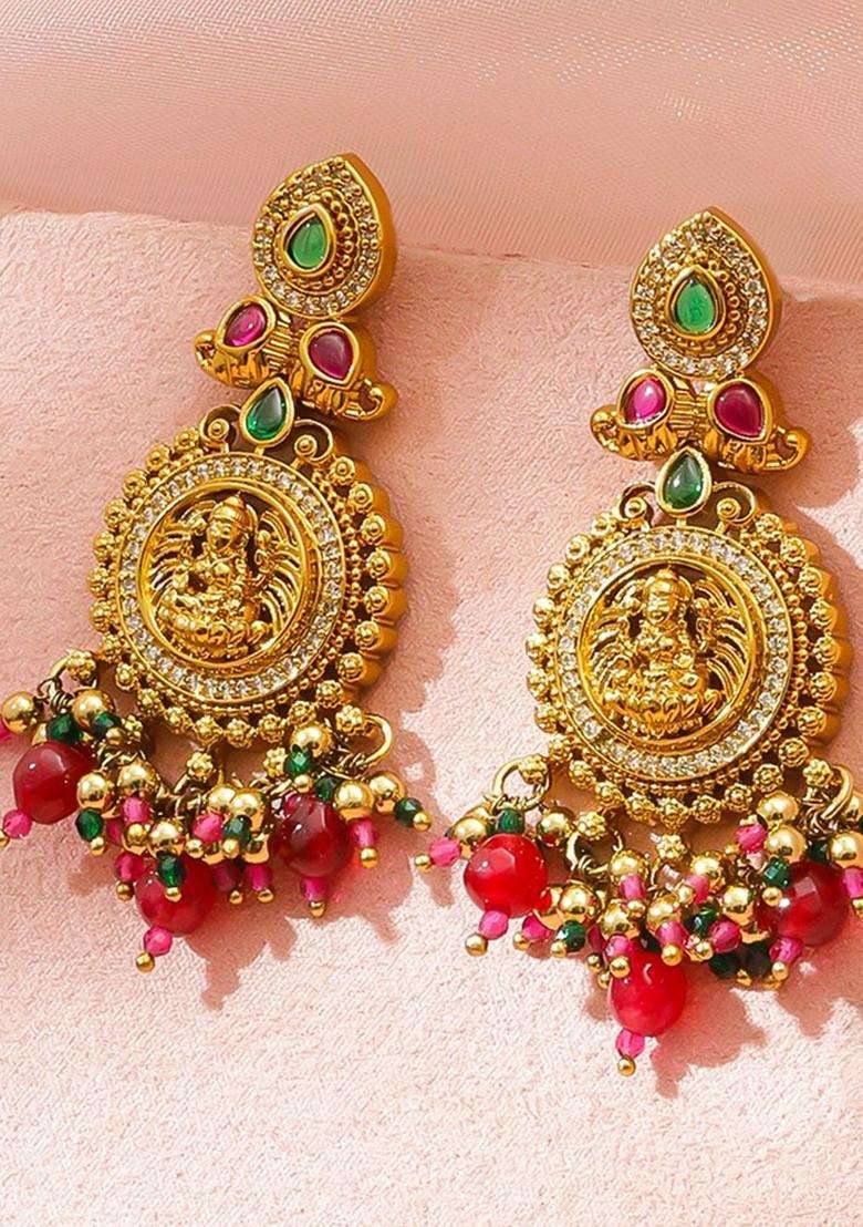 22K Gold-Plated CZ Studded Temple Circular Drop Earrings with Beaded Drops for Women | Traditional Temple Jewellery for Wedding & Festive Wear | Gift for Her - Indya