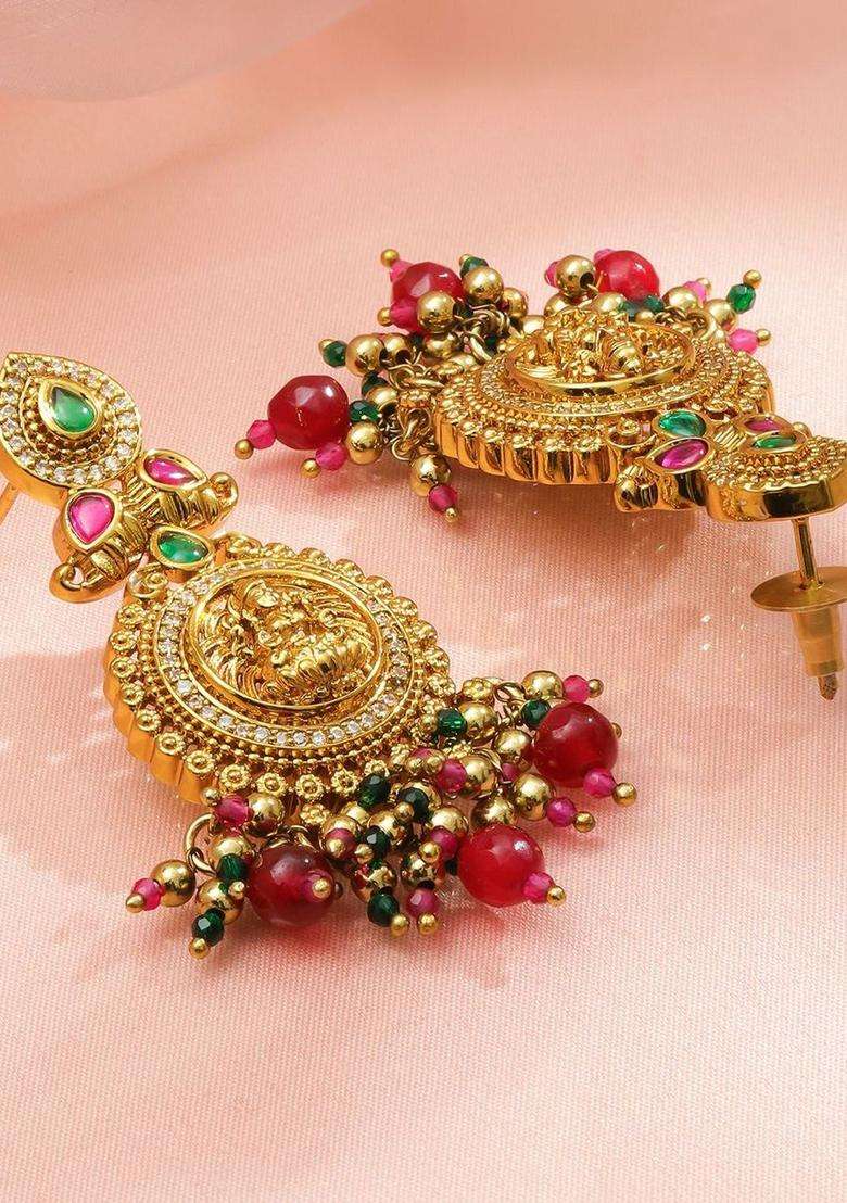 22K Gold-Plated CZ Studded Temple Circular Drop Earrings with Beaded Drops for Women | Traditional Temple Jewellery for Wedding & Festive Wear | Gift for Her - Indya